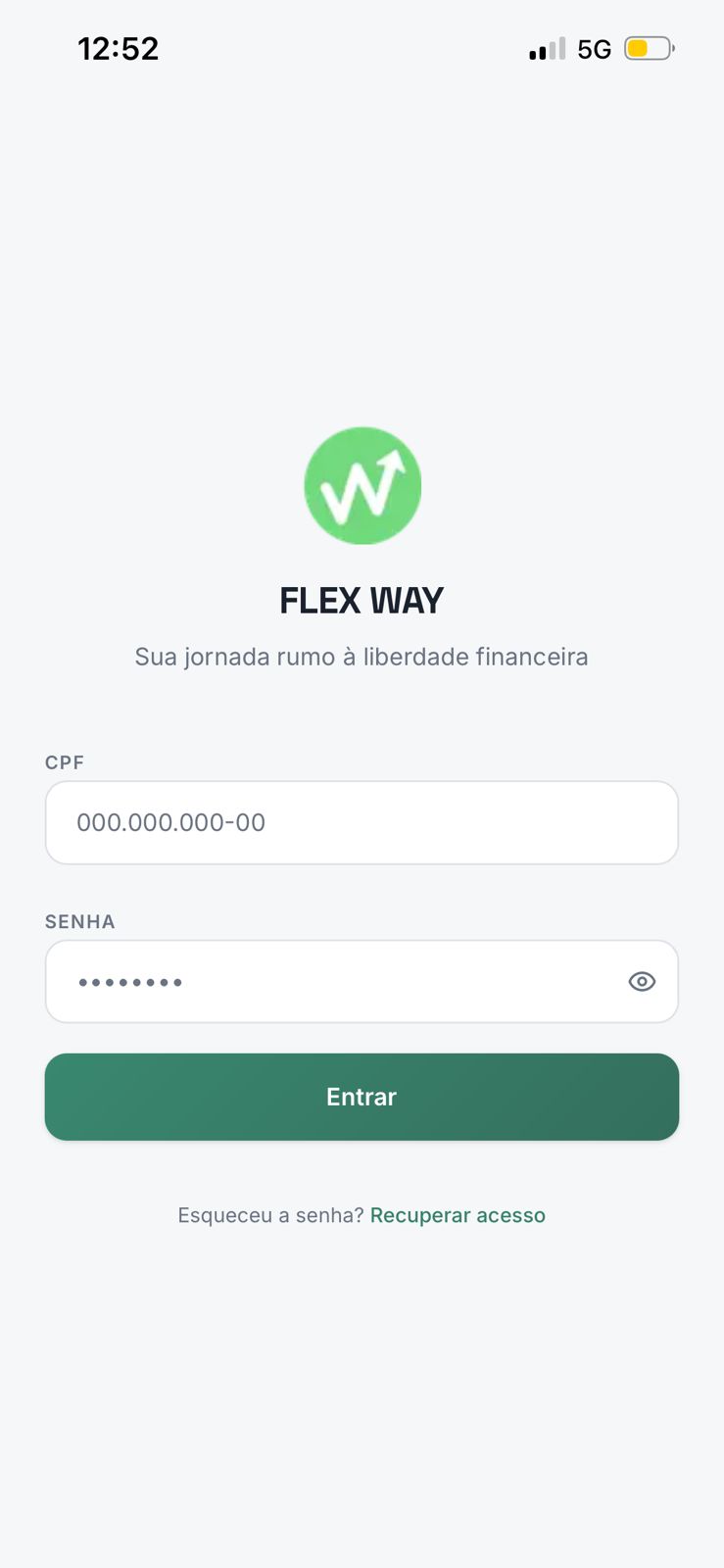 Tela de login do FlexWay com campos de CPF e senha para entrar com segurança.