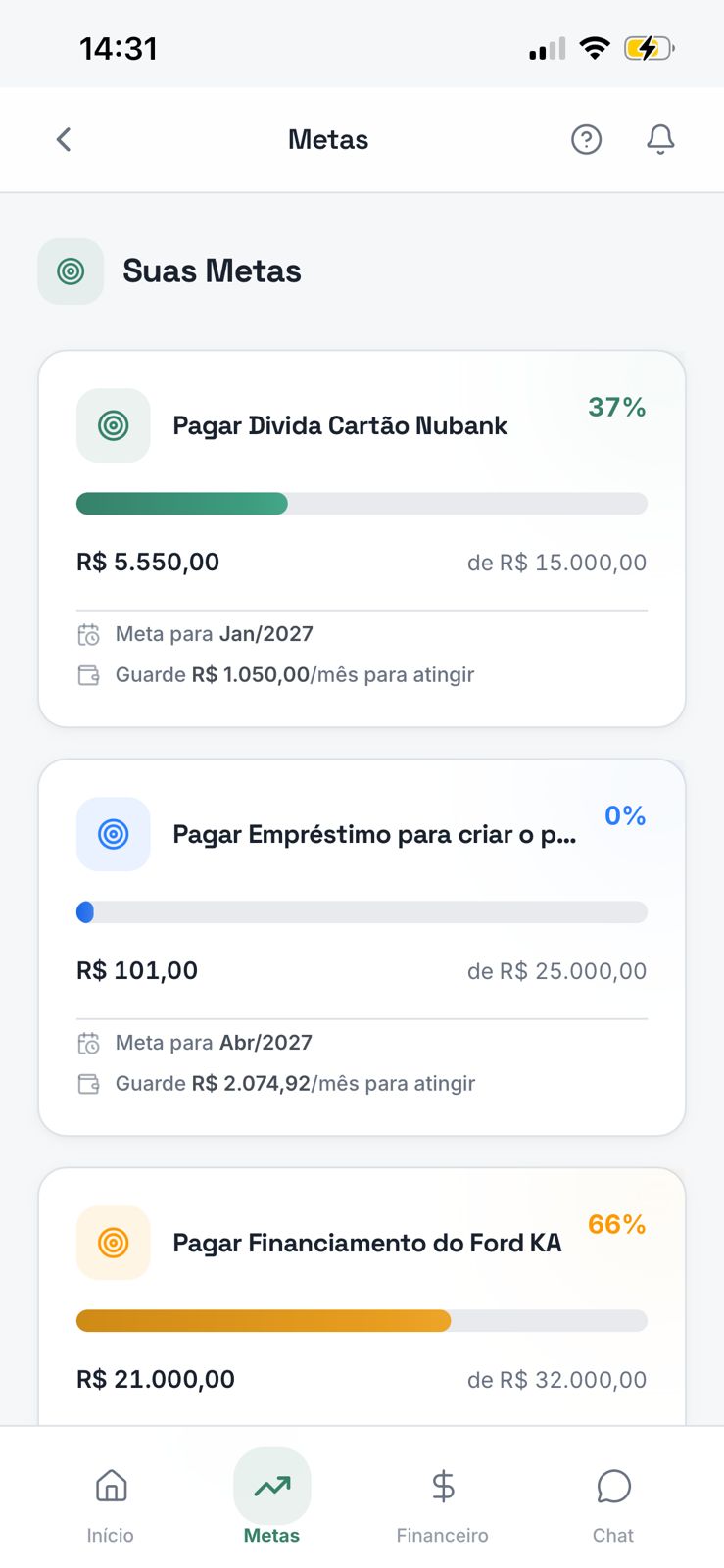 Tela de metas do FlexWay com o progresso de cada objetivo financeiro do cliente.