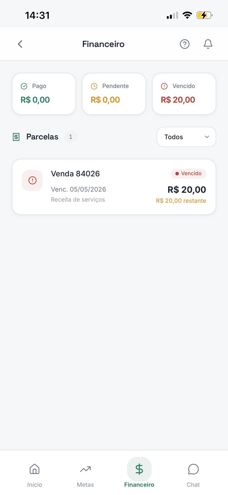 Tela financeira do FlexWay com boletos e parcelas pagas, pendentes e vencidas.
