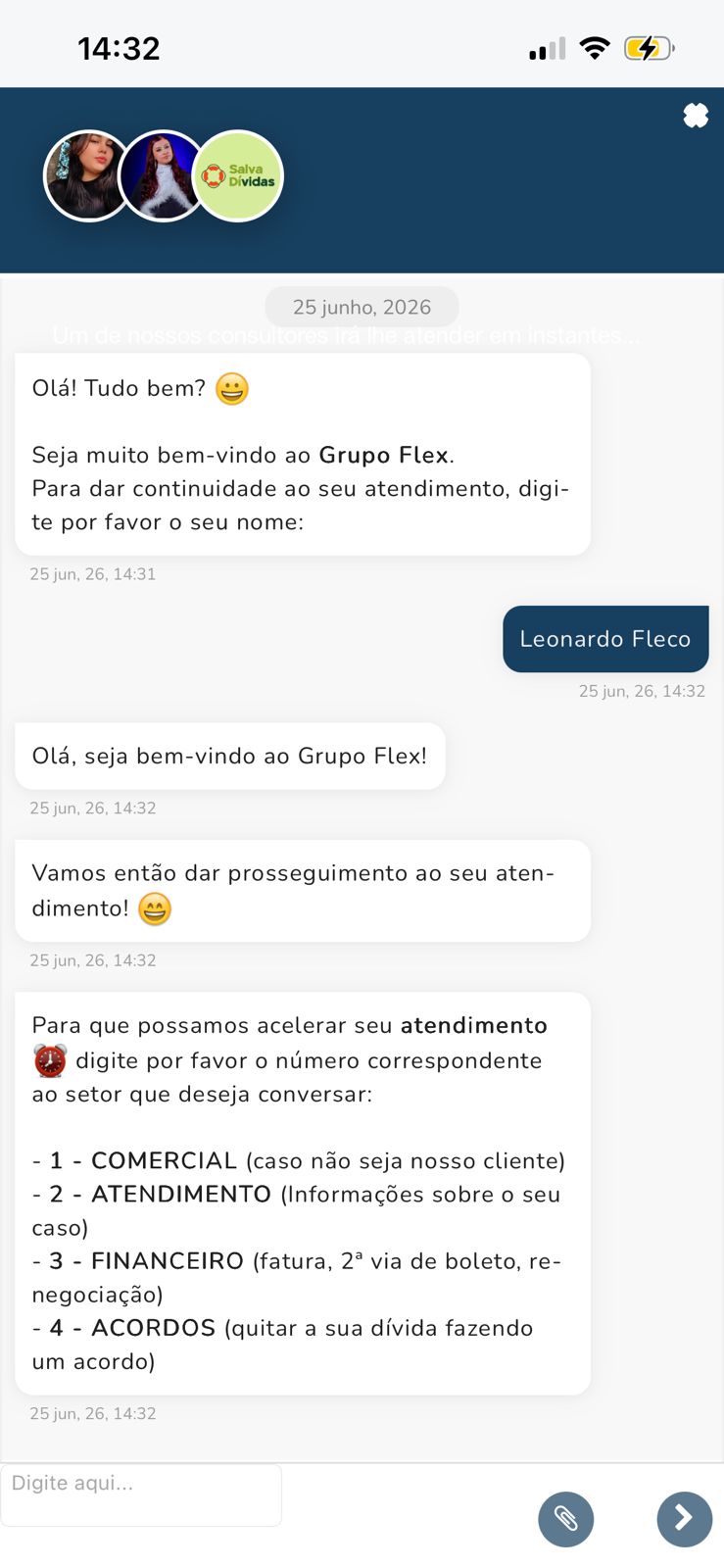 Tela de atendimento do FlexWay com a conversa entre o cliente e a equipe do Grupo Flex.