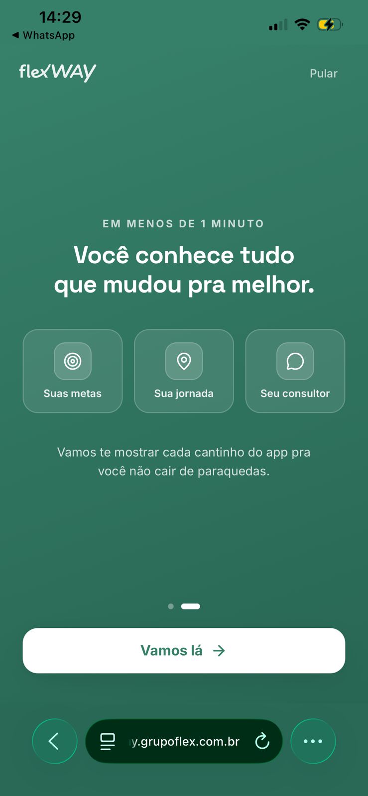 Tela de boas-vindas do FlexWay apresentando metas, jornada e consultor.